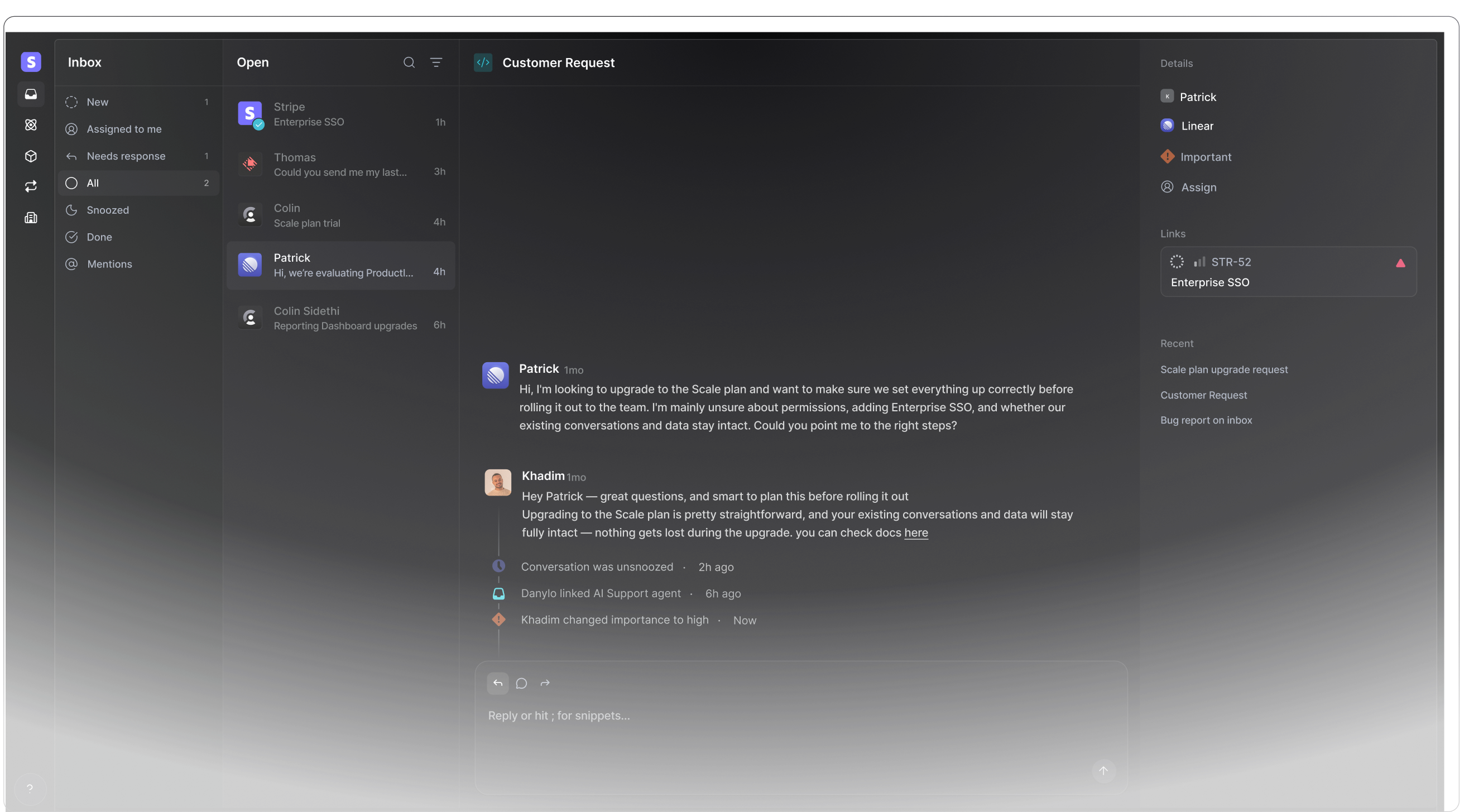 Productlane inbox showing email, chat, and Slack conversations in one view